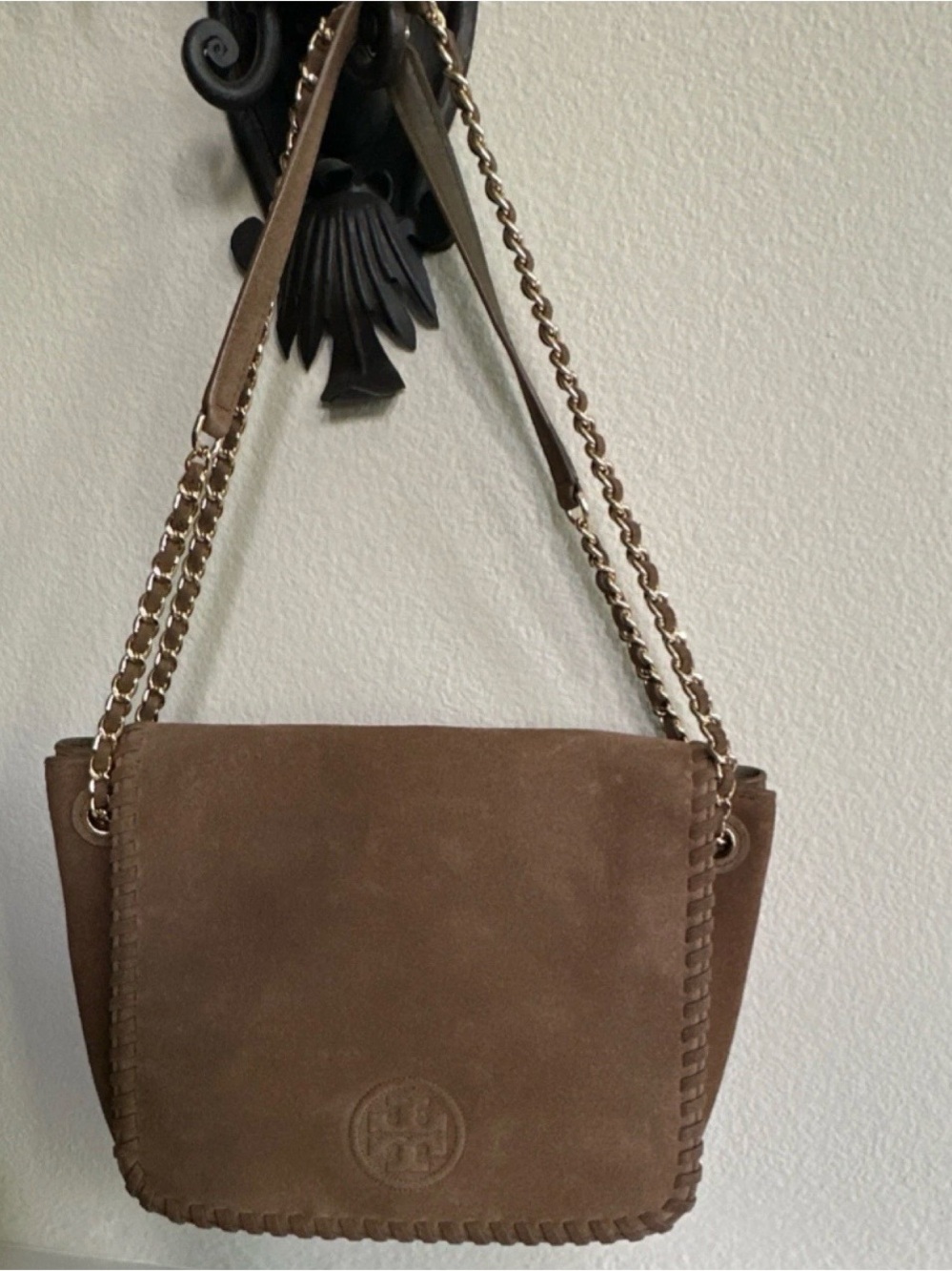 Tory Burch Brown Suede Whipstitch Chain Shoulder Bag